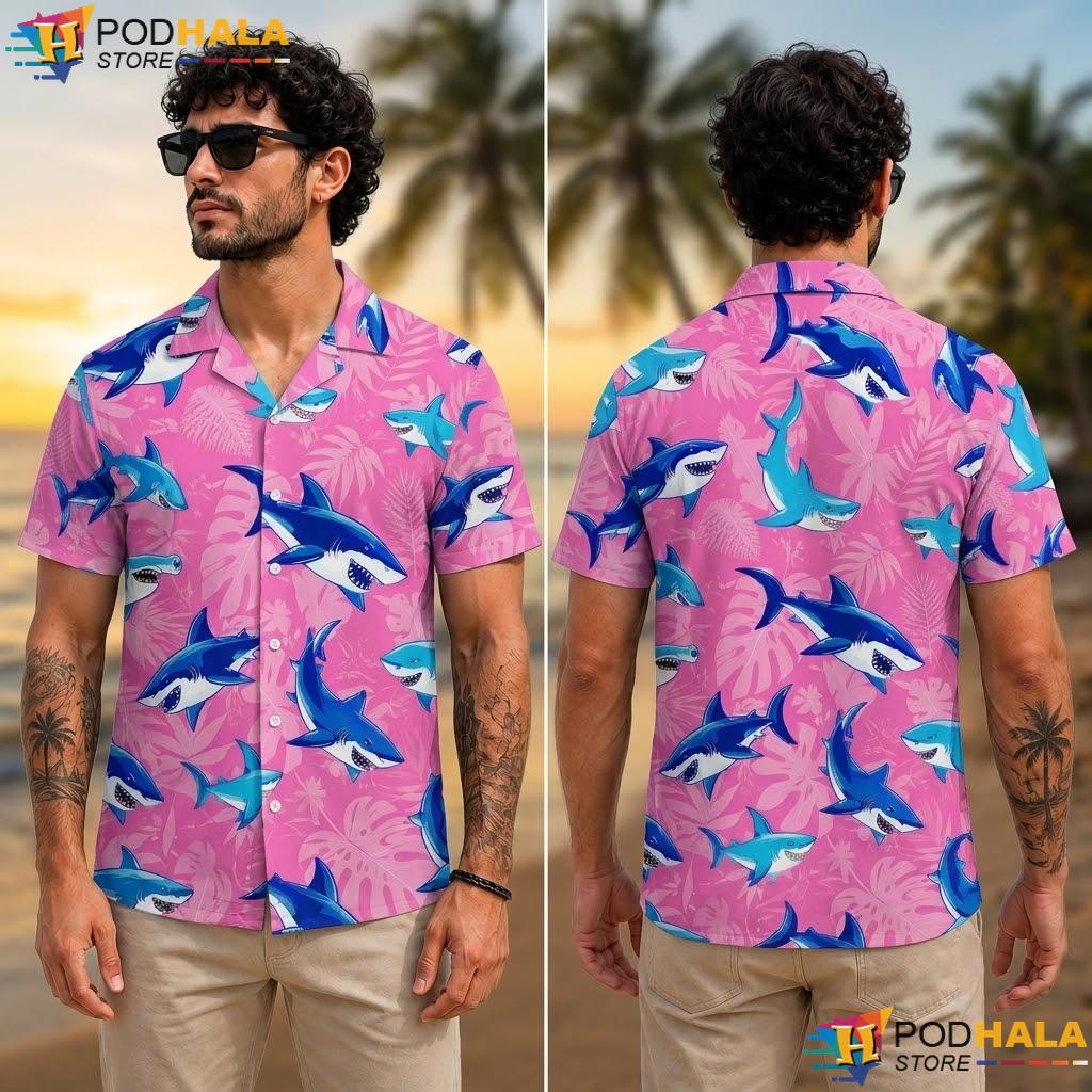 Blue Pink Shark Adventure Aloha Shirt Playful Boys Graphic Apparel Blue Pink Shark Adventure Aloha Shirt Playful Boys Graphic Apparel