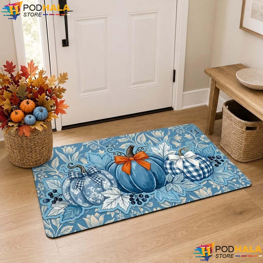 Blue Pumpkin Halloween Doormat Cozy Autumn Entrance Rug Colorful Leaf Decor