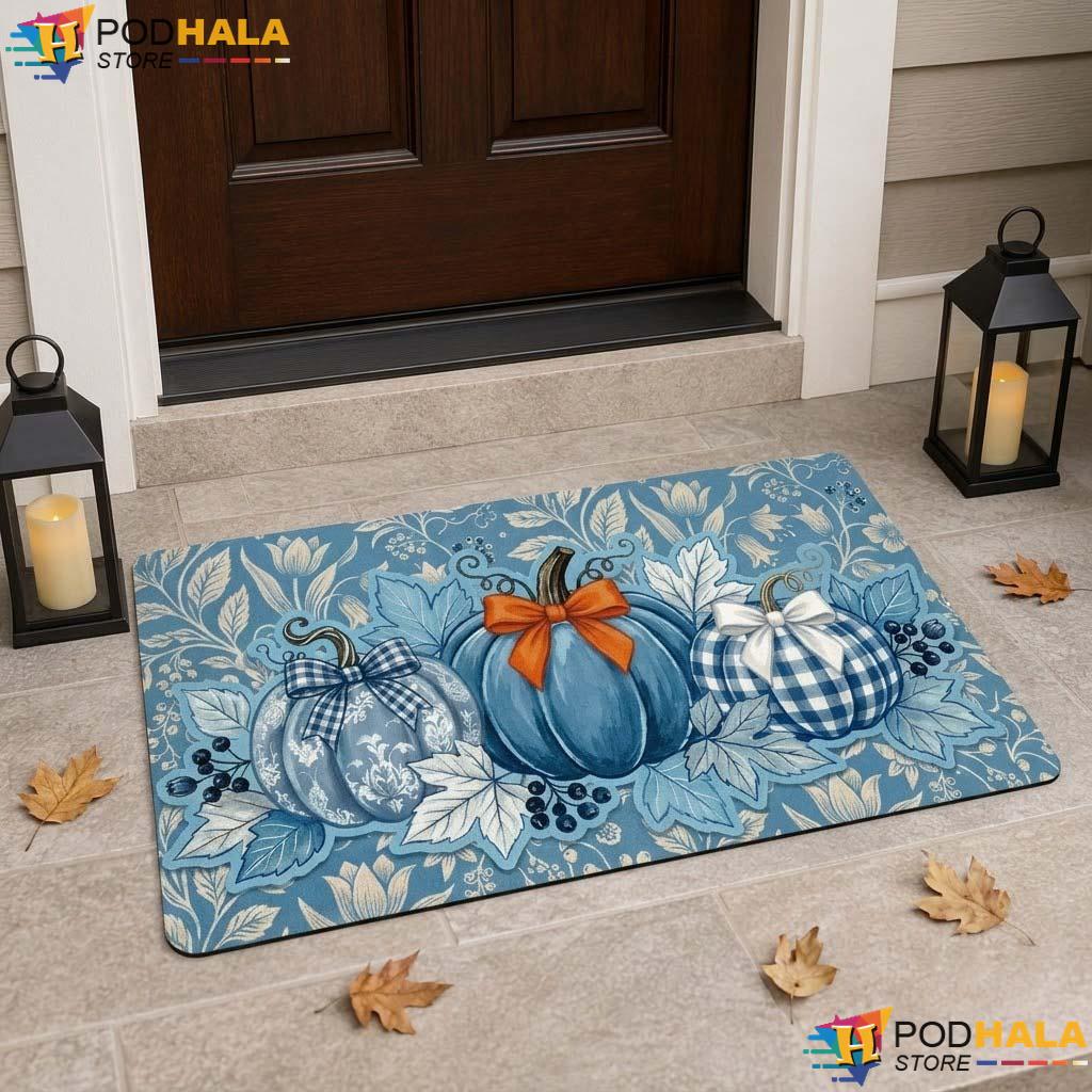 Blue Pumpkin Halloween Doormat Cozy Autumn Entrance Rug Colorful Leaf Decor - View 1 Blue Pumpkin Halloween Doormat Cozy Autumn Entrance Rug Colorful Leaf Decor - View 1