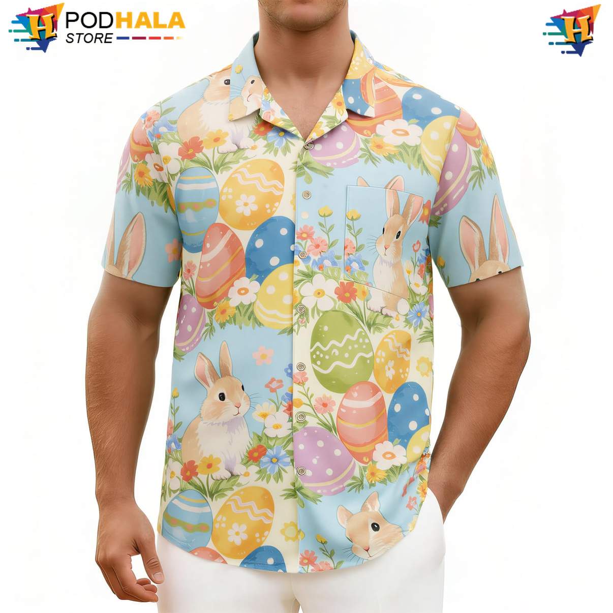 Blue Rabbit Hawaiian Shirt Mens Tropical Floral Palm Summer Beach Lightweight