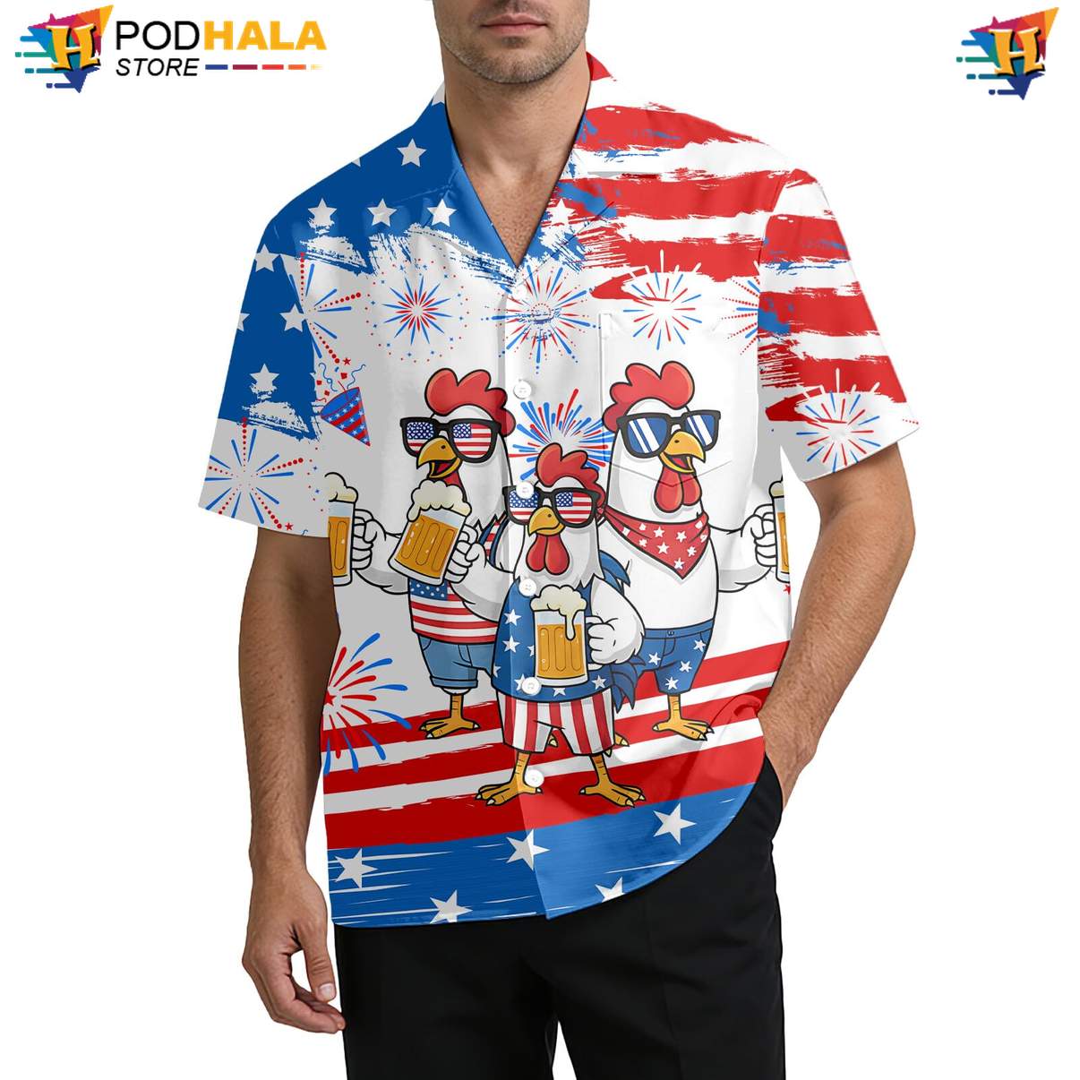 Blue Rooster Hawaiian Shirt Mens Funny Summer Beach Party Luau Apparel