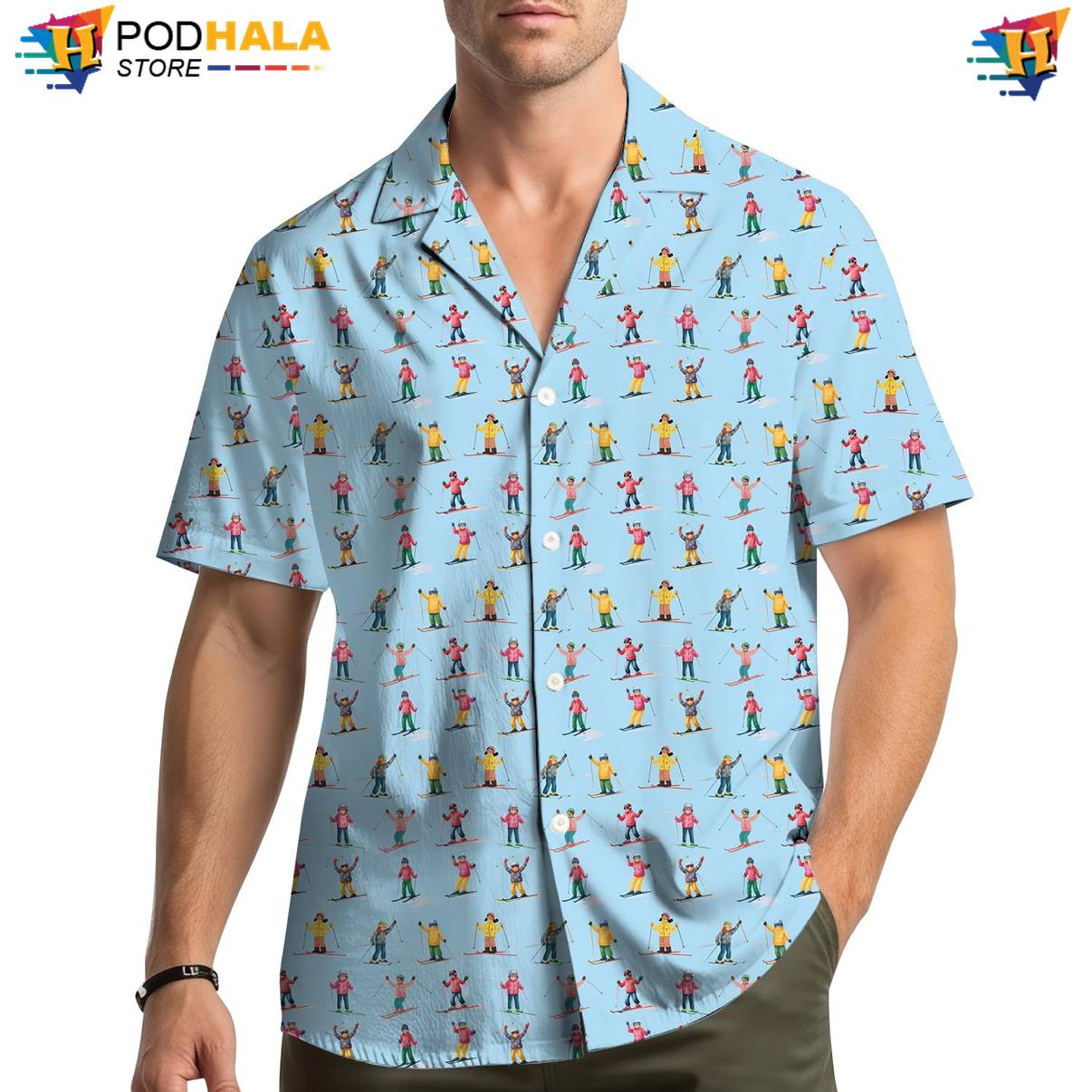 Blue Ski Hawaiian Shirt Mens Short Sleeve Button Down Summer Beachwear