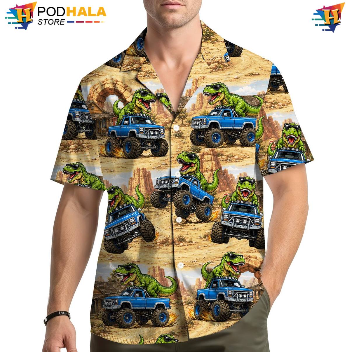 Blue TRex Fire Aloha Shirt Mens Novelty Resort Holiday Cruise Camp Clothing