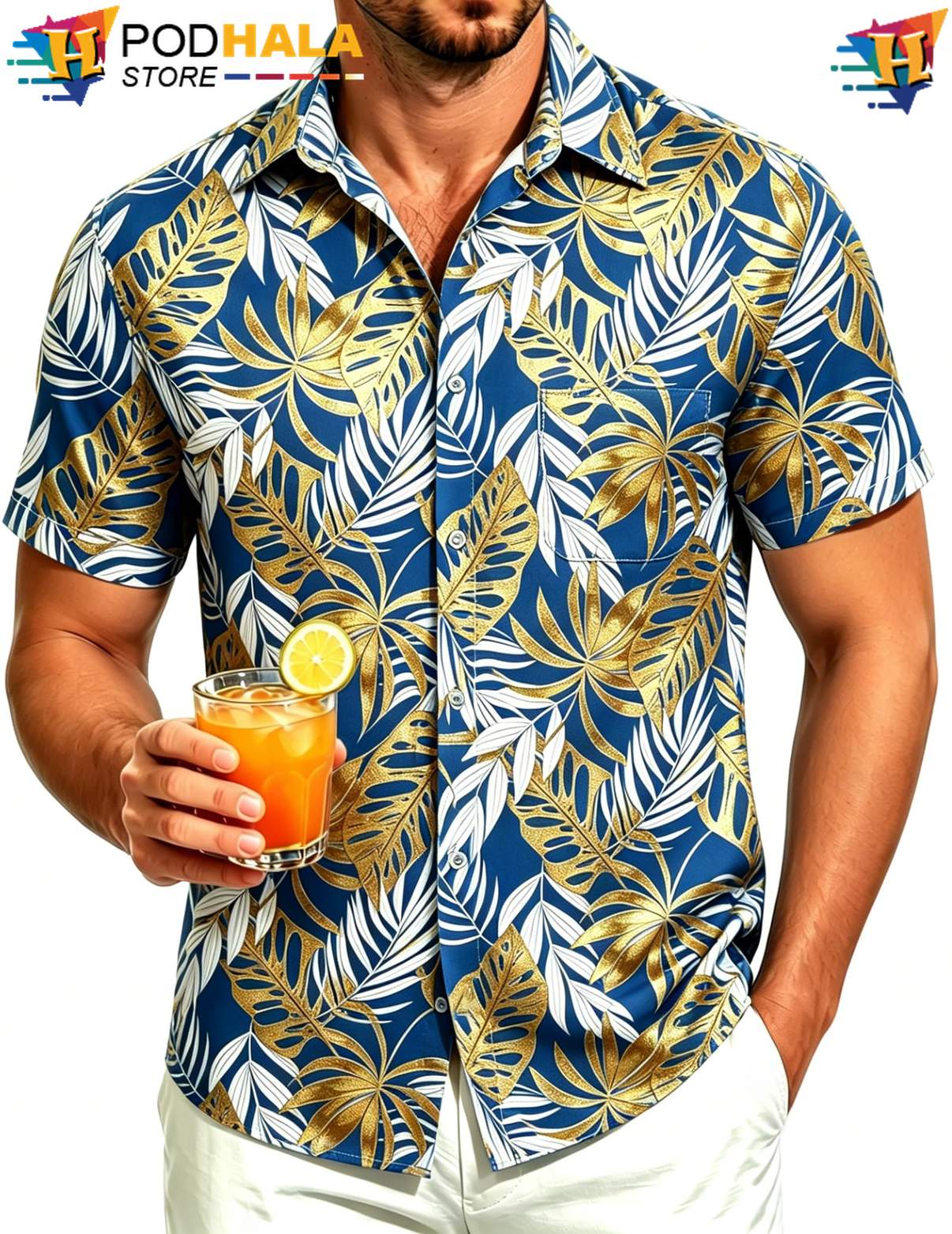 Blue Tropical Leaf Hawaiian Shirt Mens Short Sleeve Casual Summer Beachwear