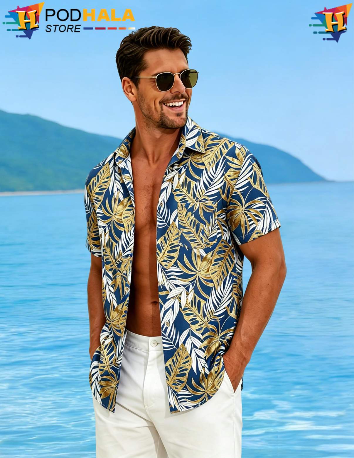 Blue Tropical Leaf Aloha Shirt Mens Short Sleeve Casual Summer Beachwear Blue Tropical Leaf Aloha Shirt Mens Short Sleeve Casual Summer Beachwear