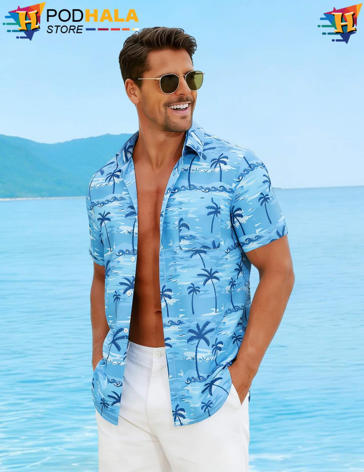 Blue Two Aloha Shirt Palm Tree Mens Short Sleeve Casual Summer Beachwear Blue Two Aloha Shirt Palm Tree Mens Short Sleeve Casual Summer Beachwear