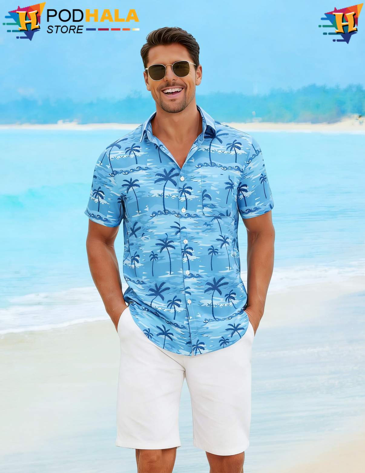 Blue Two Short-sleeve button-up shirt Palm Tree Mens Short Sleeve Casual Summer Beachwear Blue Two Short-sleeve button-up shirt Palm Tree Mens Short Sleeve Casual Summer Beachwear