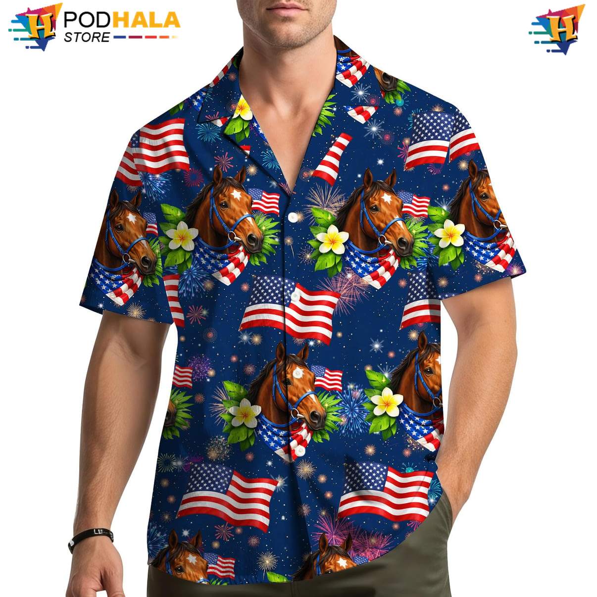 Blue USA Flag Horse Aloha Shirt Mens Patriotic Fourth Of July Beachwear
