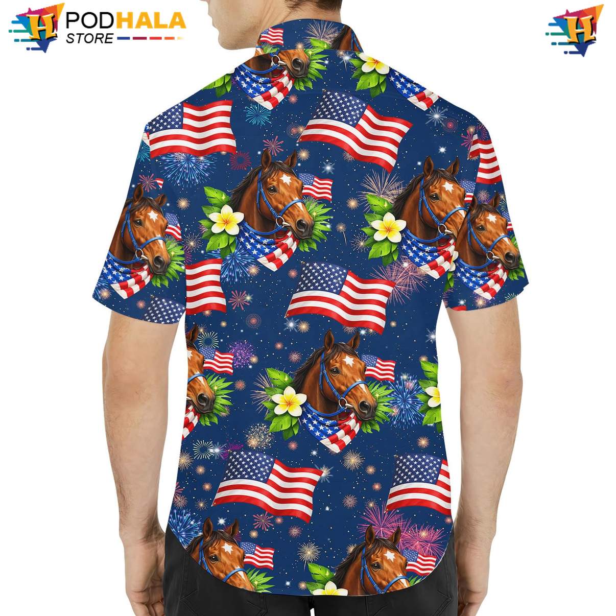 Blue USA Flag Horse Tropical Shirt Mens Patriotic Fourth Of July Beachwear Blue USA Flag Horse Tropical Shirt Mens Patriotic Fourth Of July Beachwear