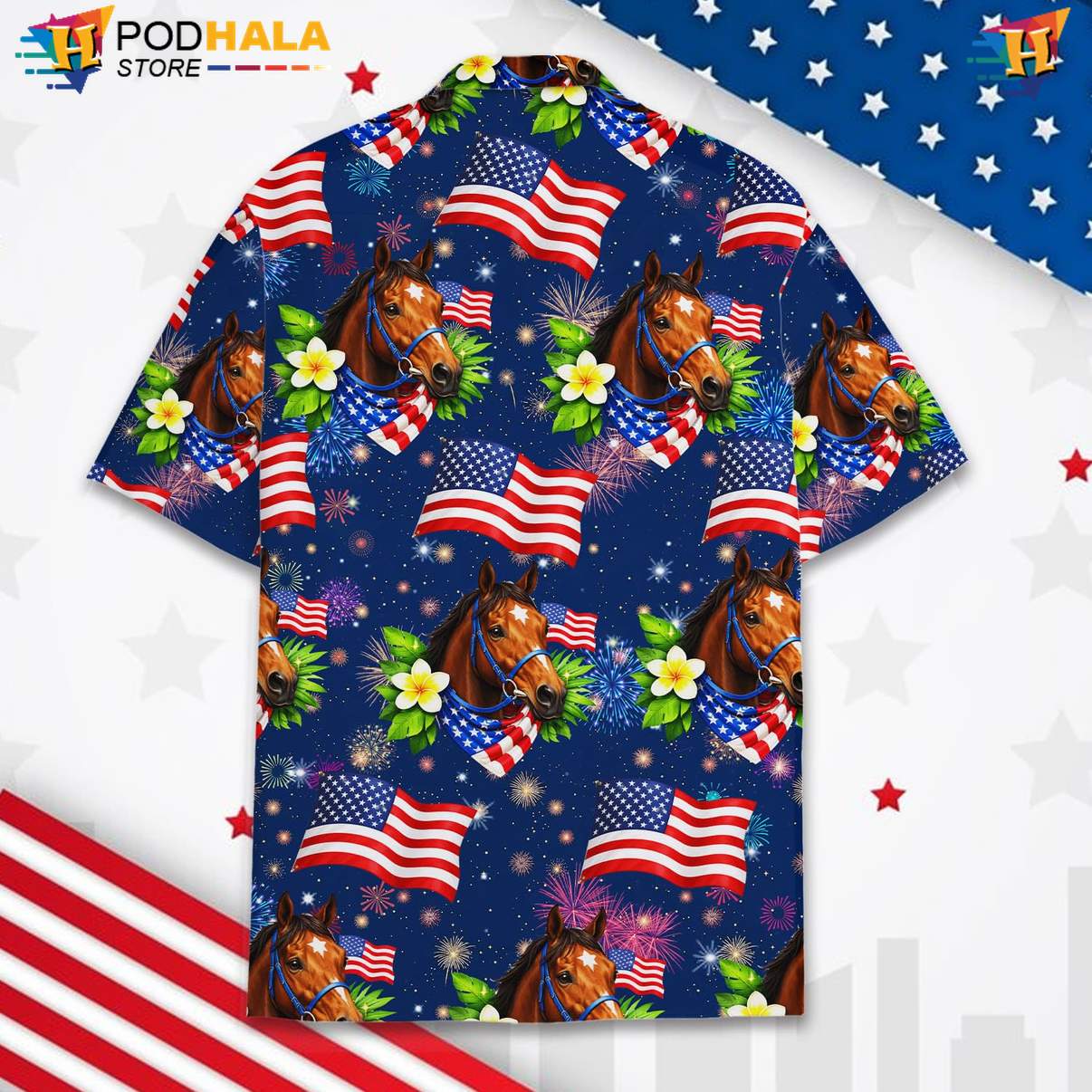 Blue USA Flag Horse Short-sleeve button-up shirt Mens Patriotic Fourth Of July Beachwear Blue USA Flag Horse Short-sleeve button-up shirt Mens Patriotic Fourth Of July Beachwear