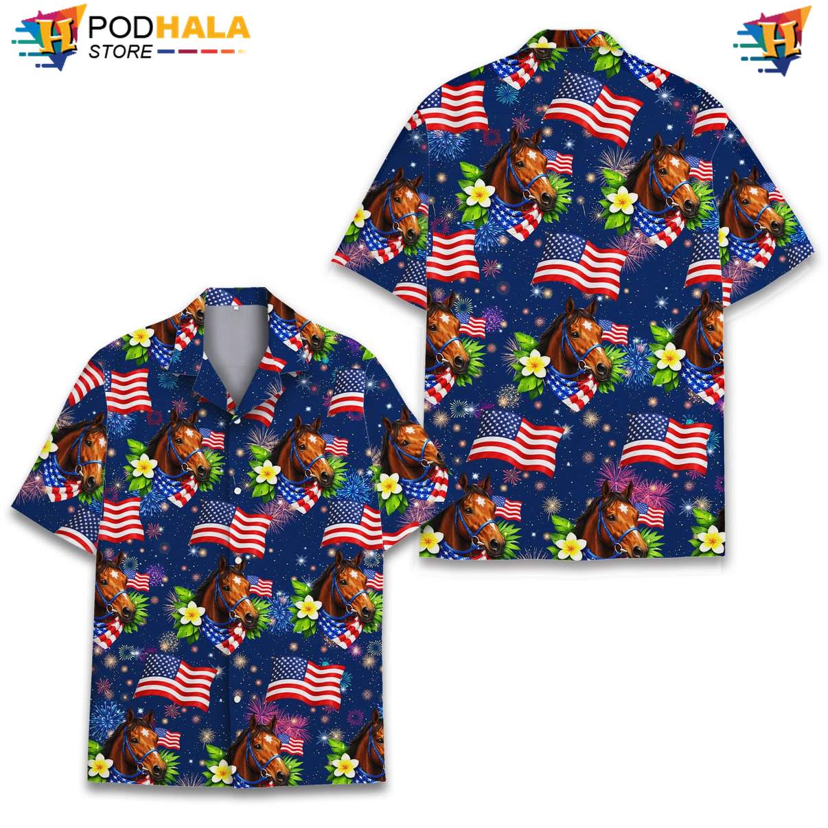 Blue USA Flag Horse Tropical Shirt Mens Patriotic Fourth Of July Beachwear Blue USA Flag Horse Tropical Shirt Mens Patriotic Fourth Of July Beachwear