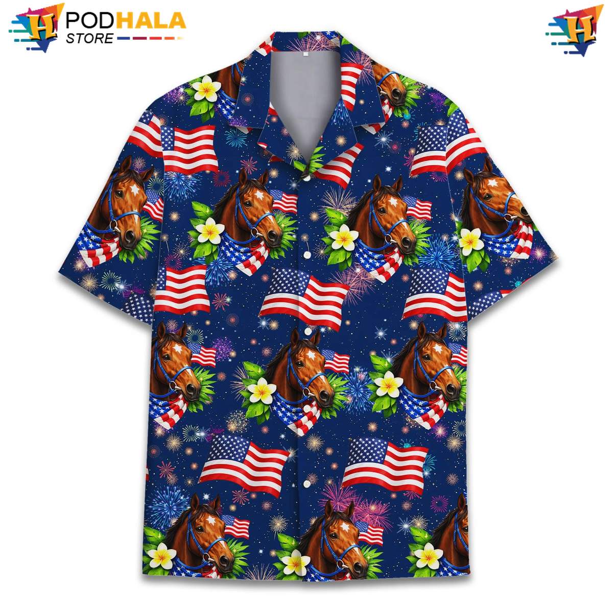 Blue USA Flag Horse Short-sleeve button-up shirt Mens Patriotic Fourth Of July Beachwear Blue USA Flag Horse Short-sleeve button-up shirt Mens Patriotic Fourth Of July Beachwear
