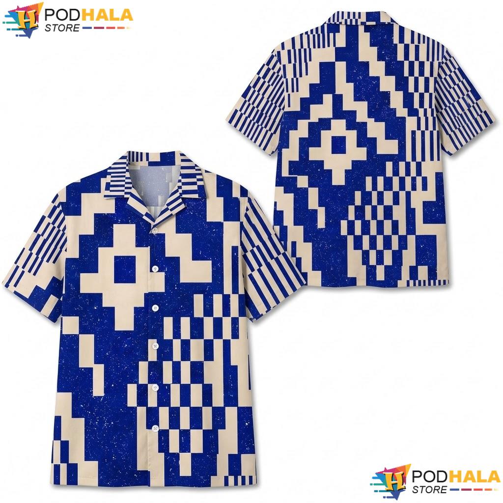 Blue White Geometric Aloha Shirt Modern Casual Summer Button Down Top