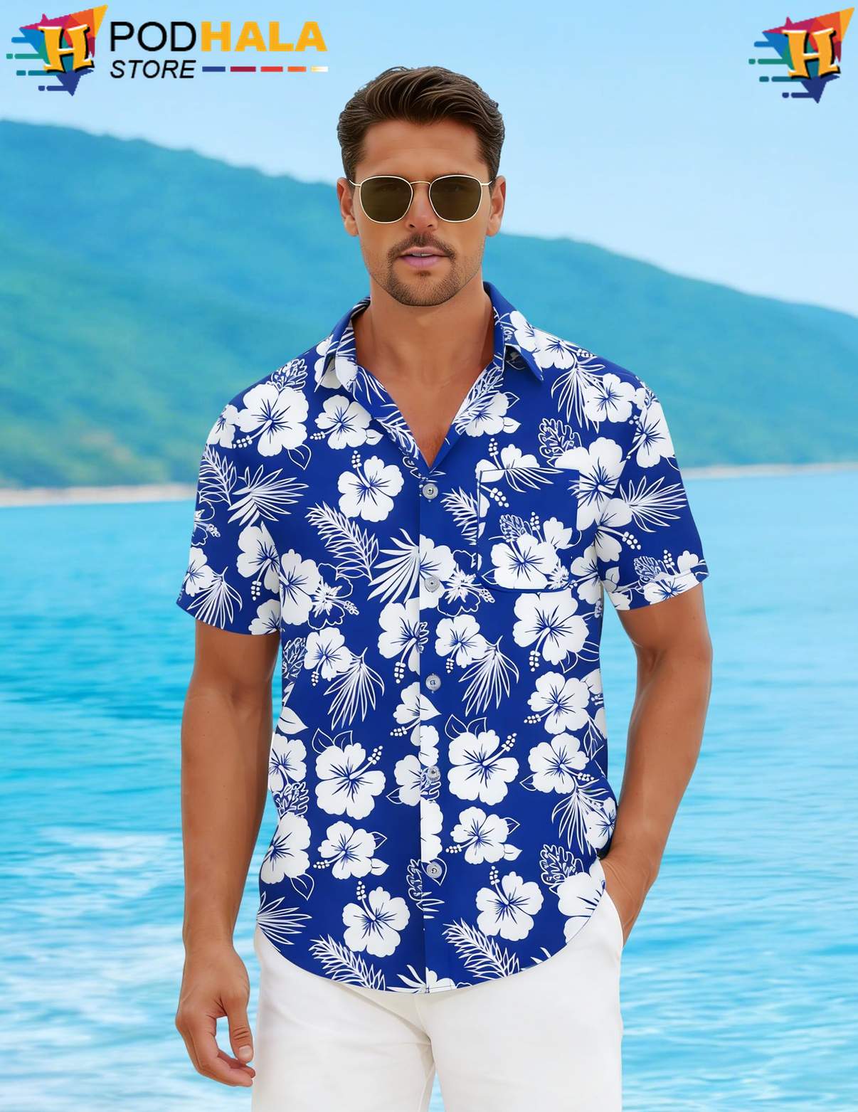 Blue White Hawaiian Shirt Flower Mens Short Sleeve Casual Summer Beachwear