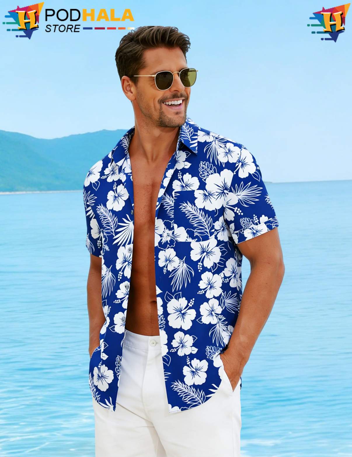 Blue White Aloha Shirt Flower Mens Short Sleeve Casual Summer Beachwear Blue White Aloha Shirt Flower Mens Short Sleeve Casual Summer Beachwear