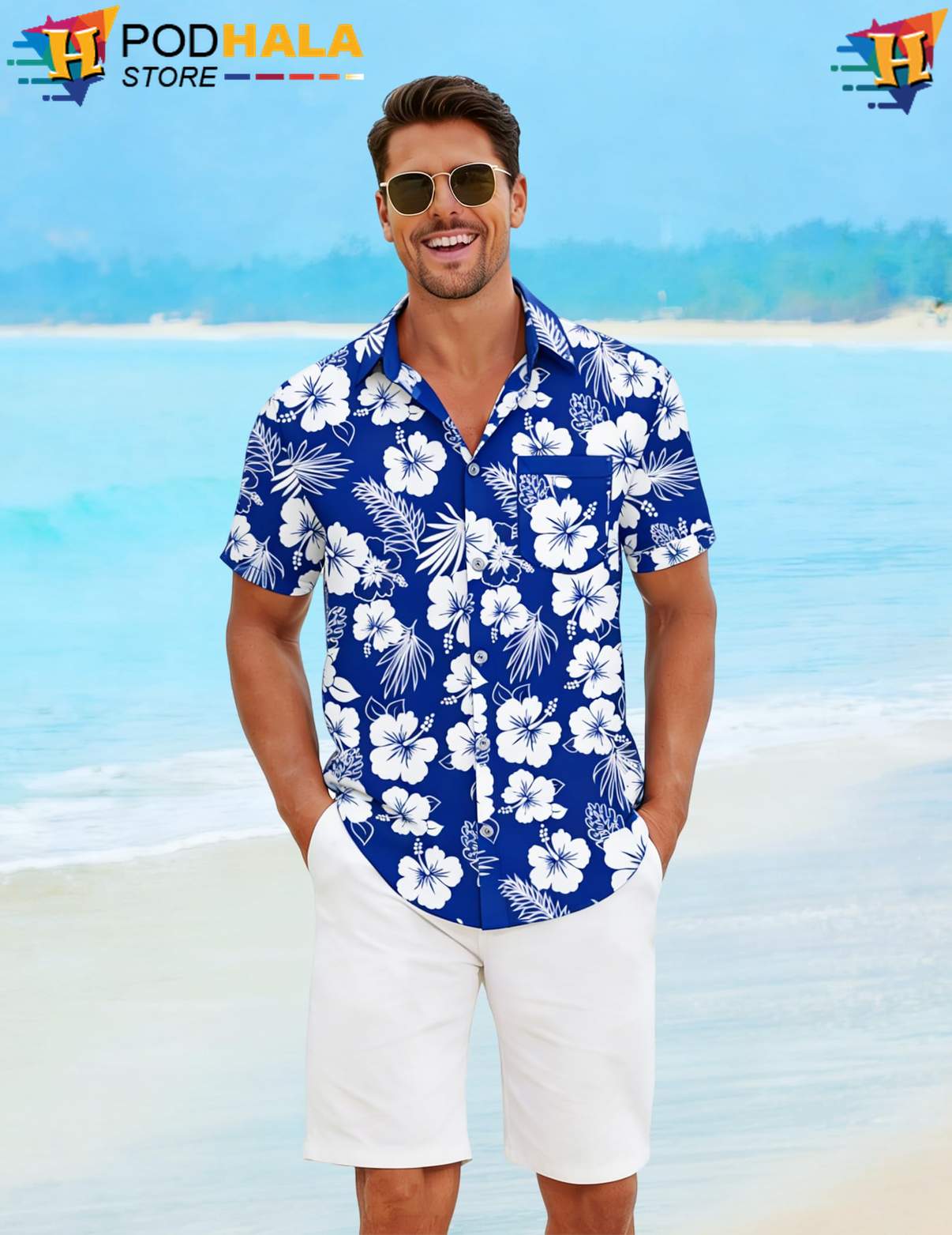 Blue White Short-sleeve button-up shirt Flower Mens Short Sleeve Casual Summer Beachwear Blue White Short-sleeve button-up shirt Flower Mens Short Sleeve Casual Summer Beachwear