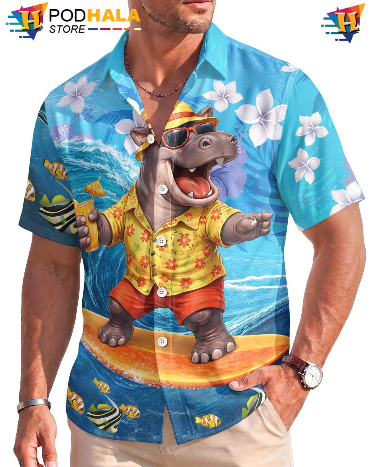 Blue Yellow Hippo Aloha Shirt Mens Tropical Stretch Beach Resort Wear Gear