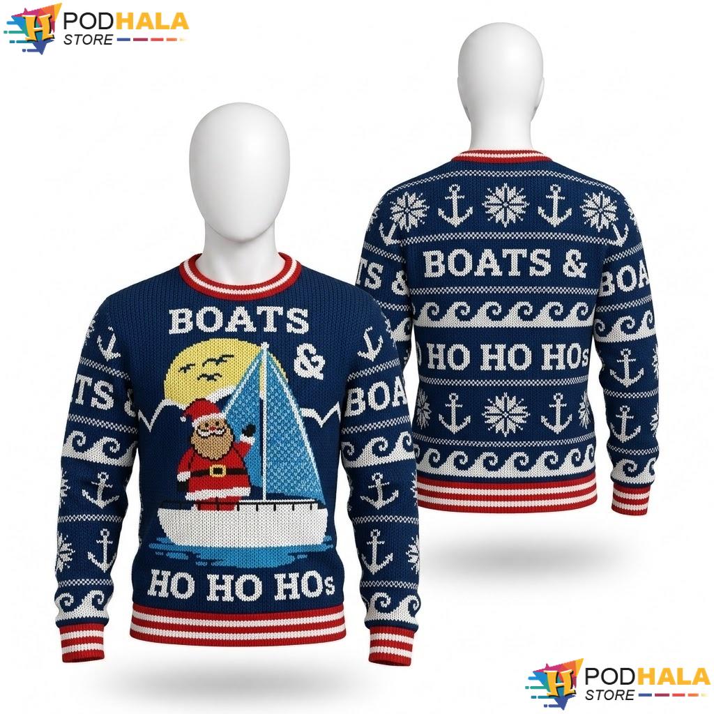 Boat Santa Sailing Xmas Sweater Funny Holiday Mens Graphic Pullover
