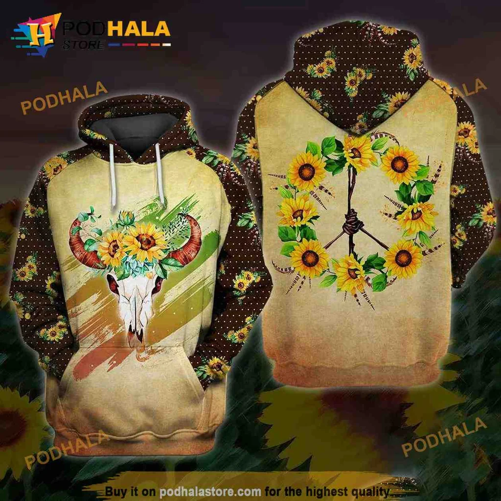 Boho Cow Skull Sunflower 3d Hoodie With Peace Sign Design