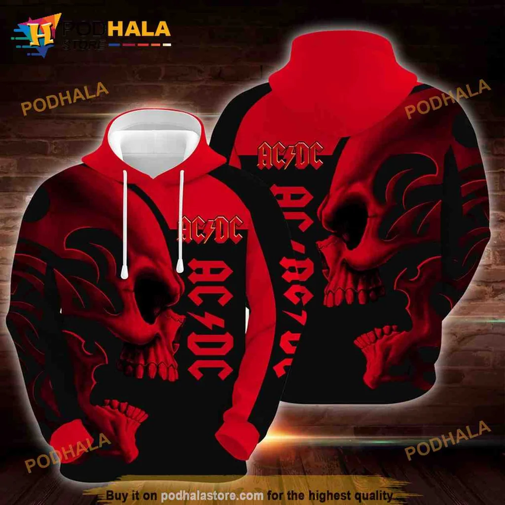 Bold Acdc Skull 3d Hoodie With Flames And Aggressive Design