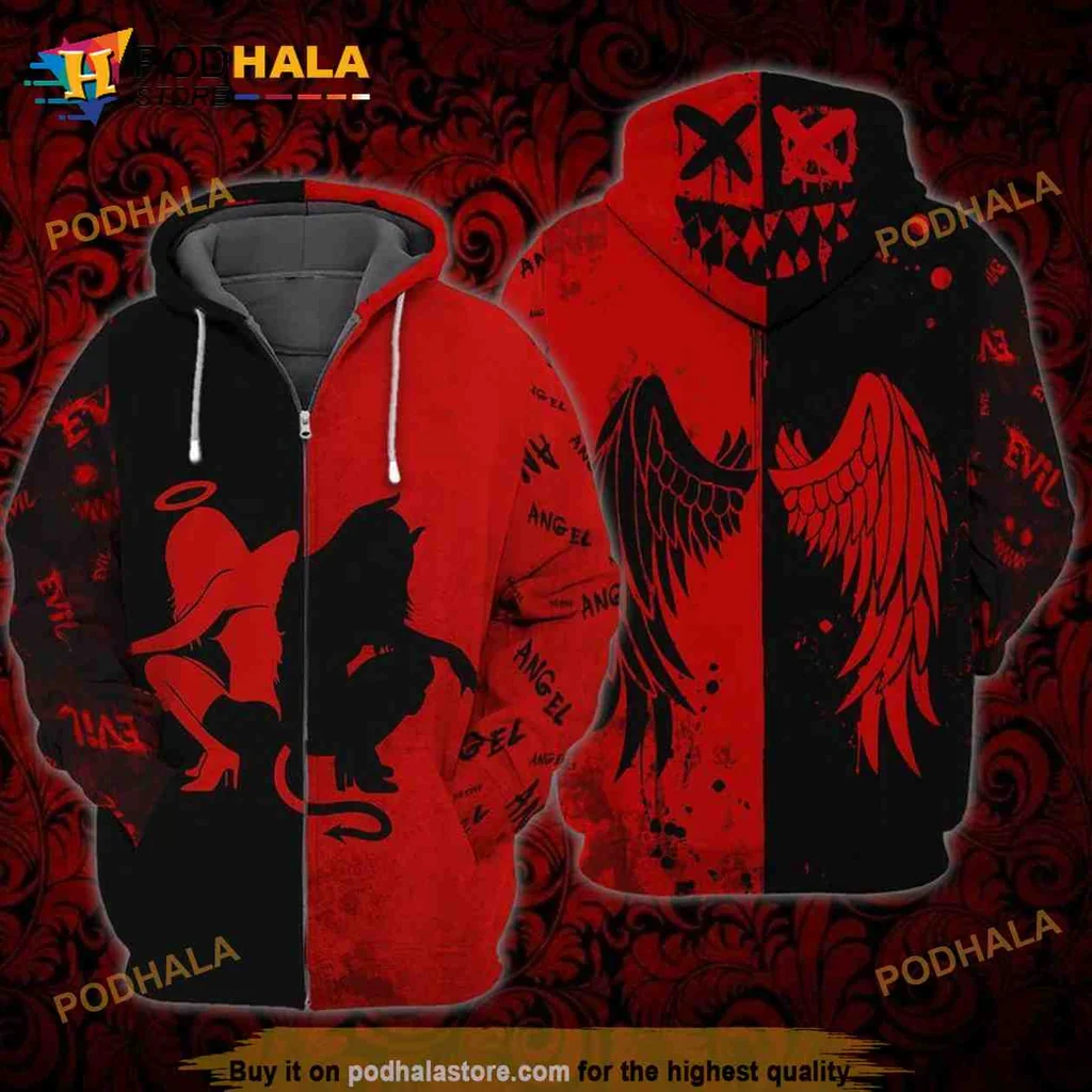 Bold Angel Devil 3d Hoodie Featuring Striking Red And Black Design