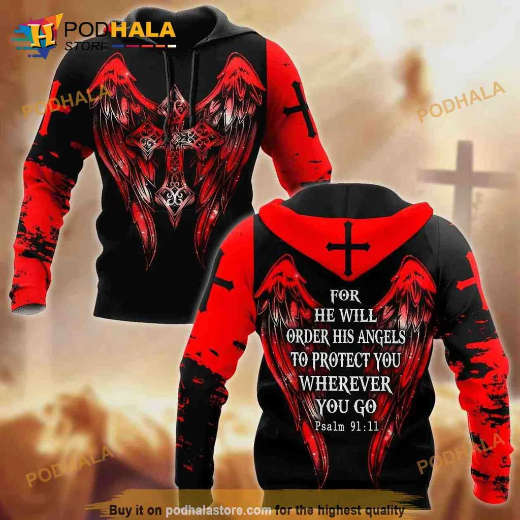 Bold Angel Wings Cross 3d Hoodie Featuring Psalm 91 11 Design