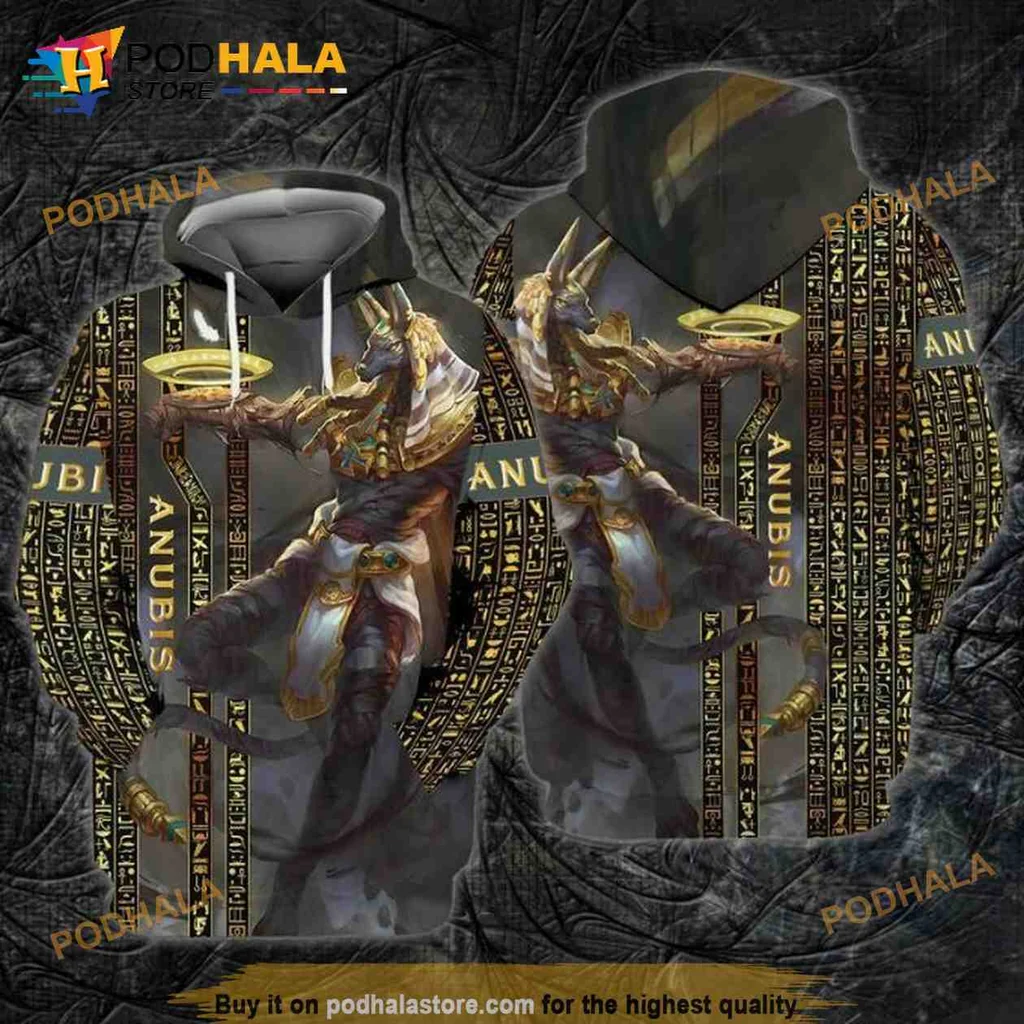 Bold Anubis 3d Hoodie Featuring Egyptian Deity With Hieroglyphics Design