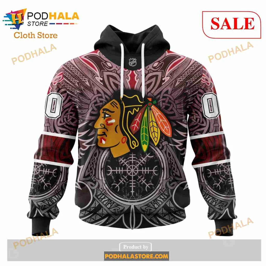Bold Chicago Blackhawks Viking Symbols 3d Hoodie Featuring Native American Warrior Design - Product View 5 Bold Chicago Blackhawks Viking Symbols 3d Hoodie Featuring Native American Warrior Design - Product View 5