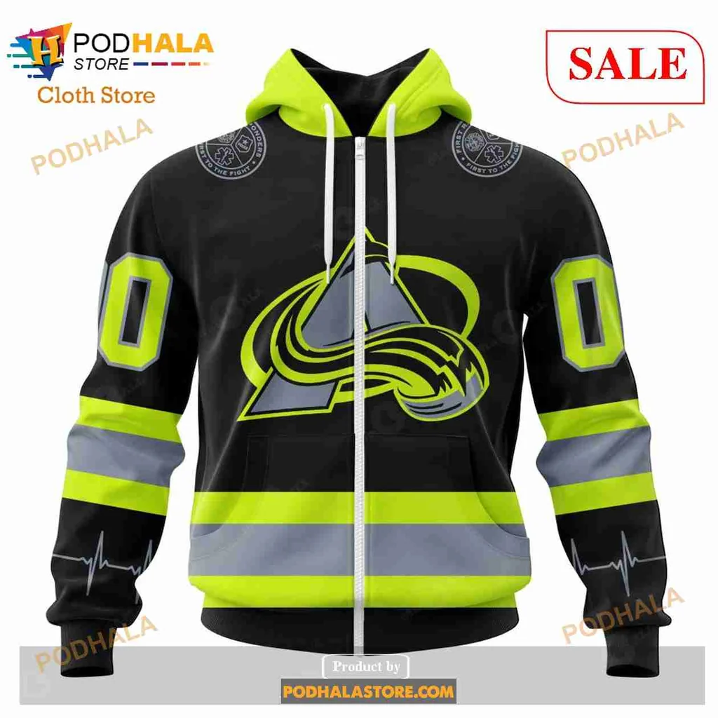 Bold Colorado Avalanche Firefighter Hoodie With Customizable Number - View 1 Bold Colorado Avalanche Firefighter Hoodie With Customizable Number - View 1