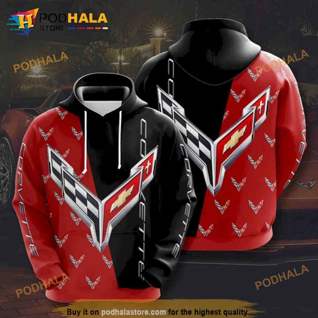Bold Corvette Racing Logo 3d Hoodie With Checkered Flag Design
