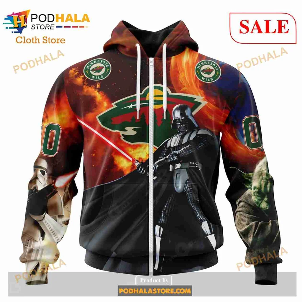 Bold Darth Vader Minnesota Wild All Over Print Hoodie With Fiery Design Elements Bold Darth Vader Minnesota Wild All Over Print Hoodie With Fiery Design Elements