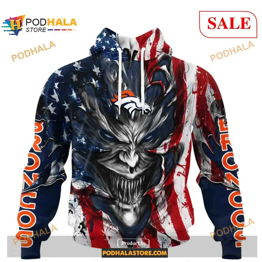 Bold Denver Broncos Demon Face 3d Hoodie With American Flag Design