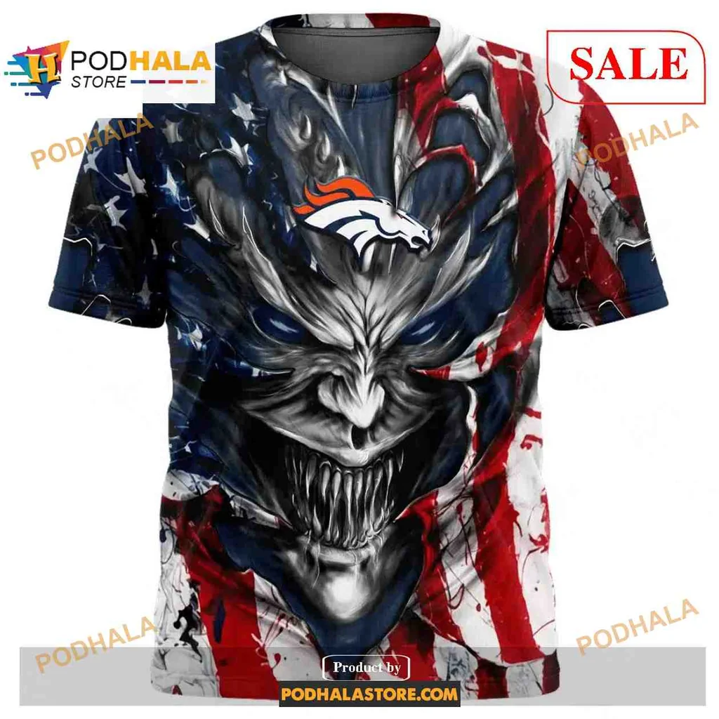 Bold Denver Broncos Demon Face All Over Print Hoodie With American Flag Design Bold Denver Broncos Demon Face All Over Print Hoodie With American Flag Design