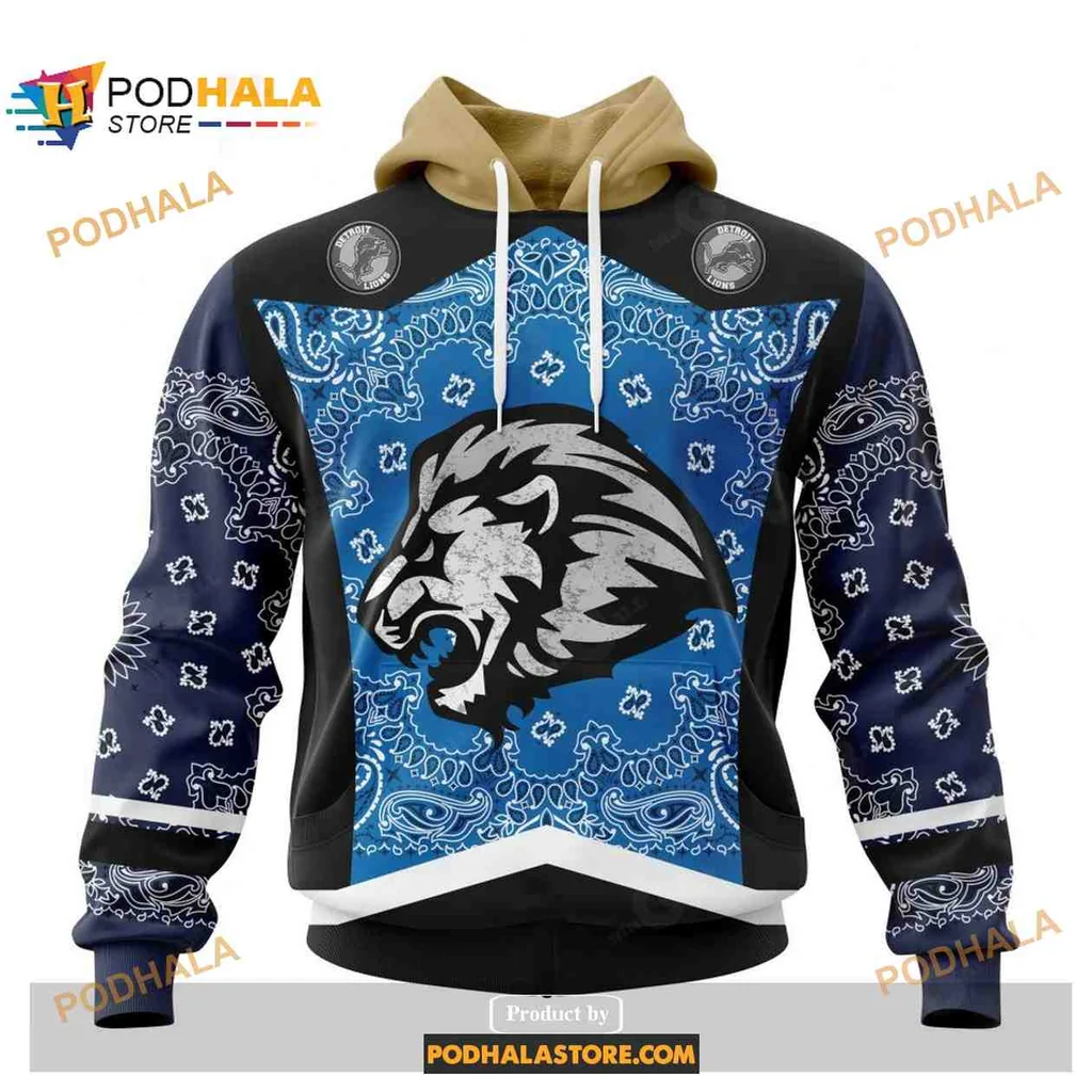 Bold Detroit Lions Lion Head 3d Hoodie With Bandana Patterns