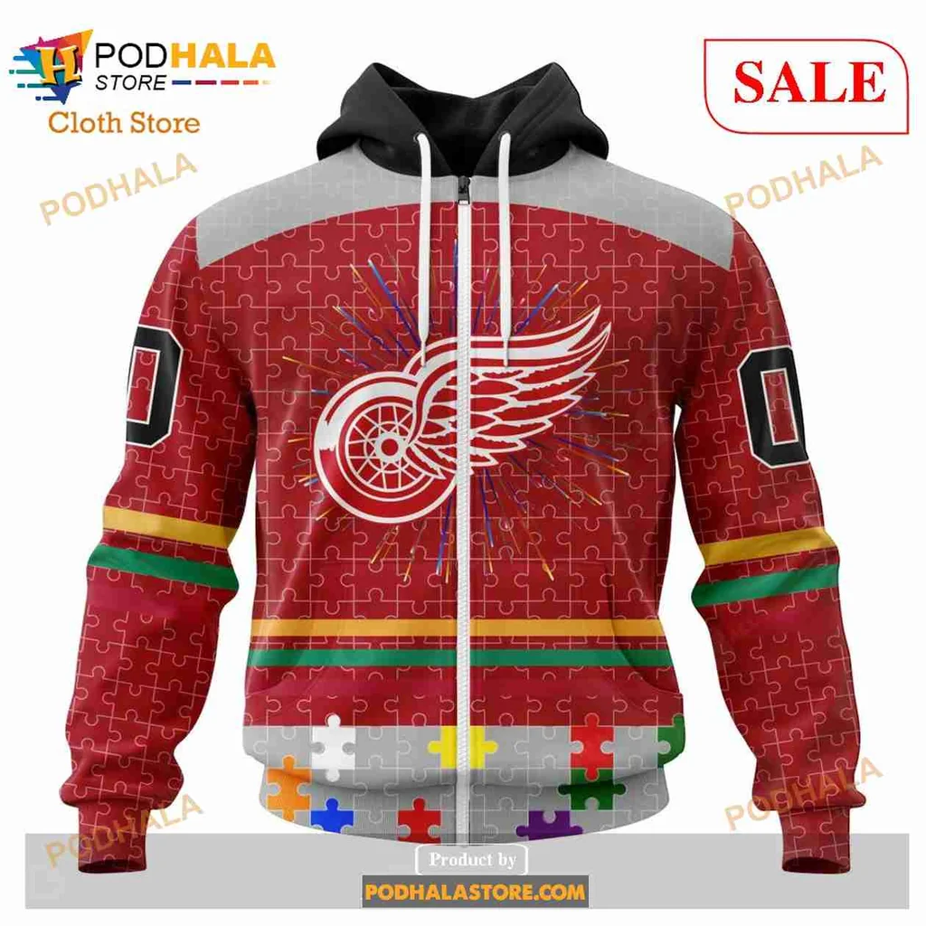 Bold Detroit Red Wings Autism Awareness Hoodie, Support Team Spirit And Advocacy - View 1 Bold Detroit Red Wings Autism Awareness Hoodie, Support Team Spirit And Advocacy - View 1