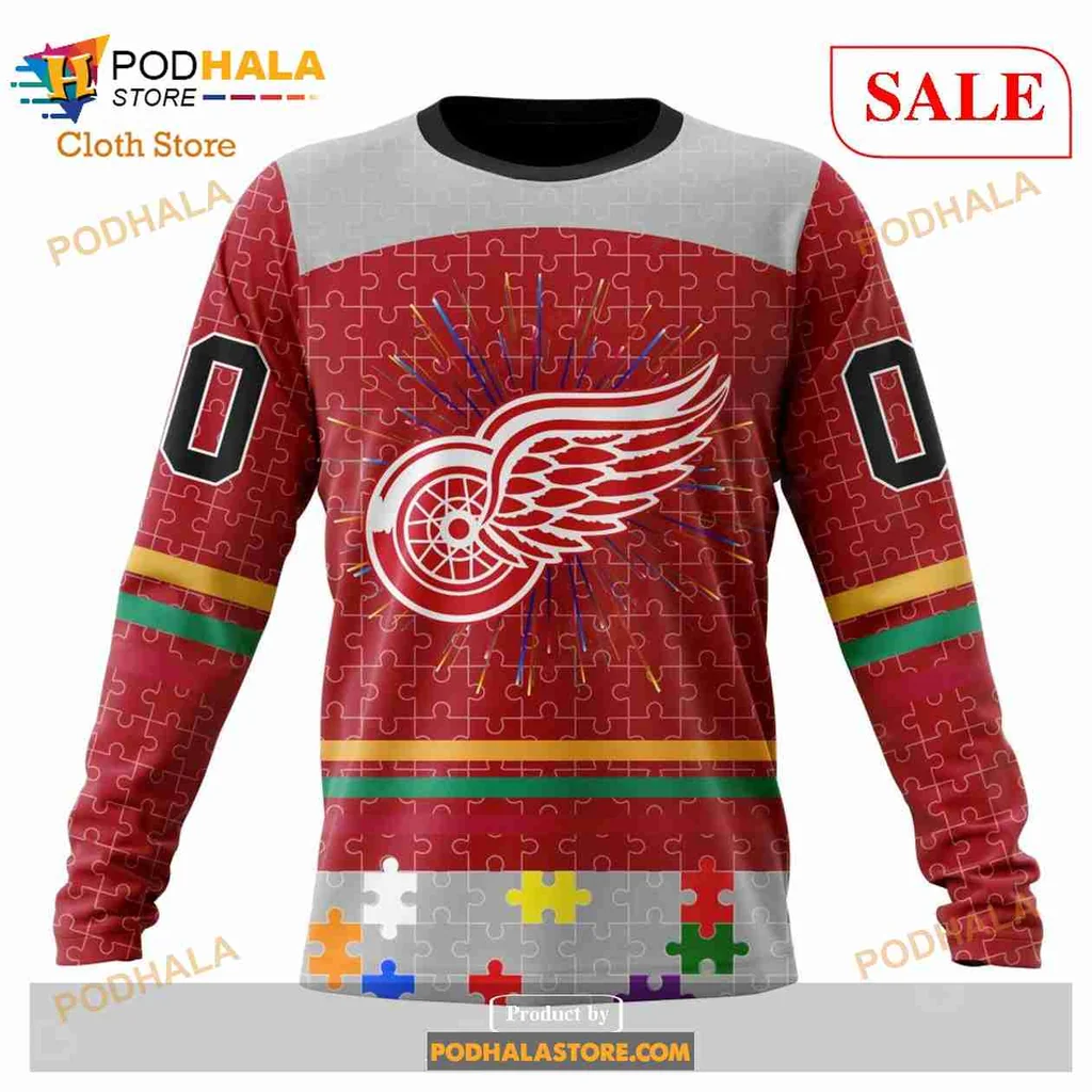 Bold Detroit Red Wings Autism Awareness Hoodie, Support Team Spirit And Advocacy - View 3 Bold Detroit Red Wings Autism Awareness Hoodie, Support Team Spirit And Advocacy - View 3