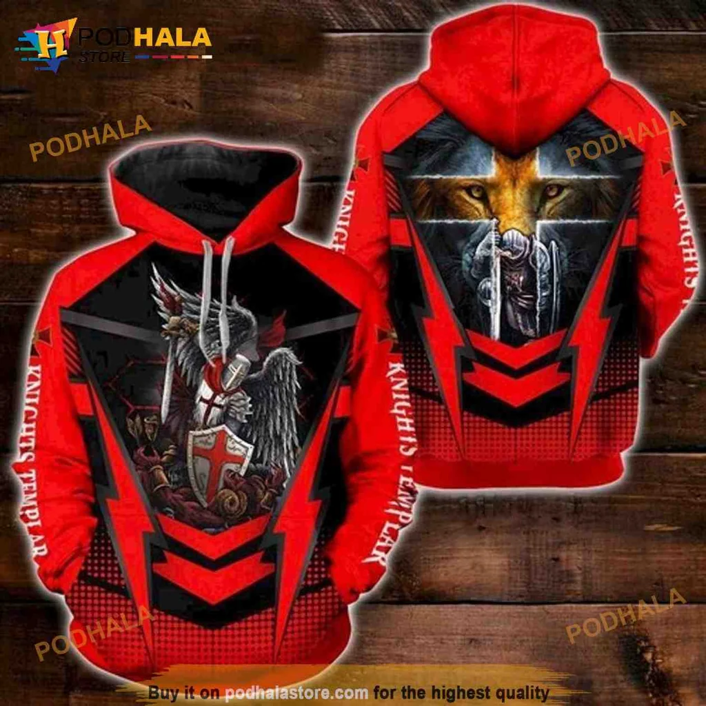 Bold Knights Templar Lion Face 3d Hoodie Featuring Fierce Graphic Design