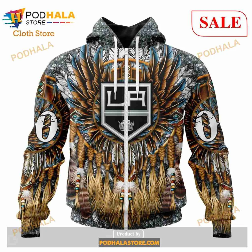 Bold Los Angeles Kings Native Hoodie With Tribal Feather Design - View 1 Bold Los Angeles Kings Native Hoodie With Tribal Feather Design - View 1