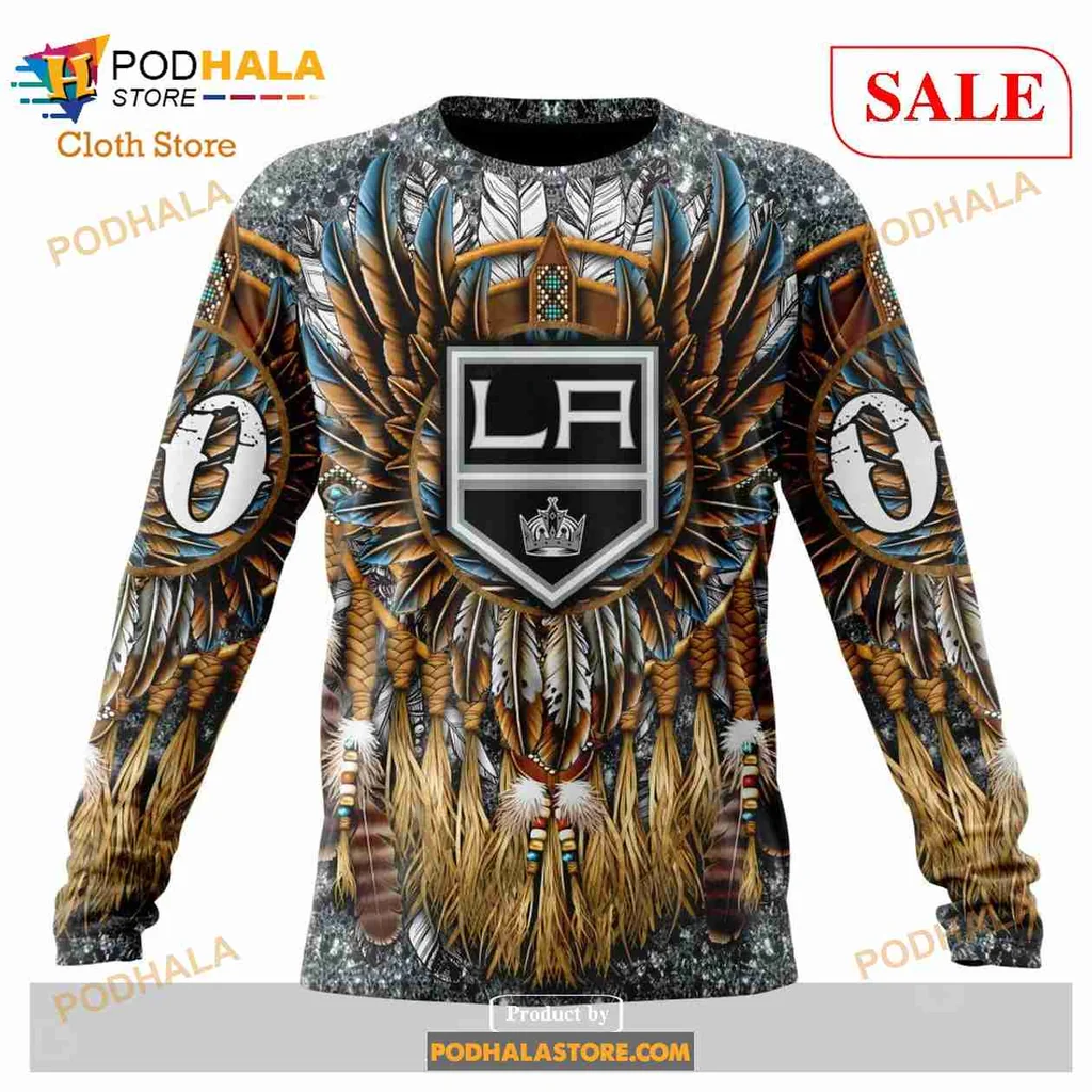 Bold Los Angeles Kings Native Hoodie With Tribal Feather Design - View 3 Bold Los Angeles Kings Native Hoodie With Tribal Feather Design - View 3