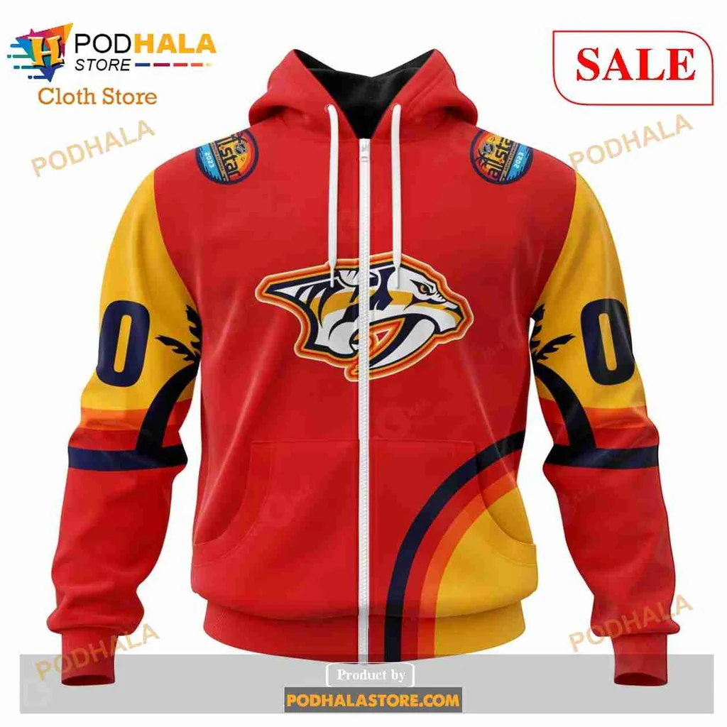 Bold Nashville Predators All Over Print Hoodie With Fierce Logo And Striped Sleeves Bold Nashville Predators All Over Print Hoodie With Fierce Logo And Striped Sleeves
