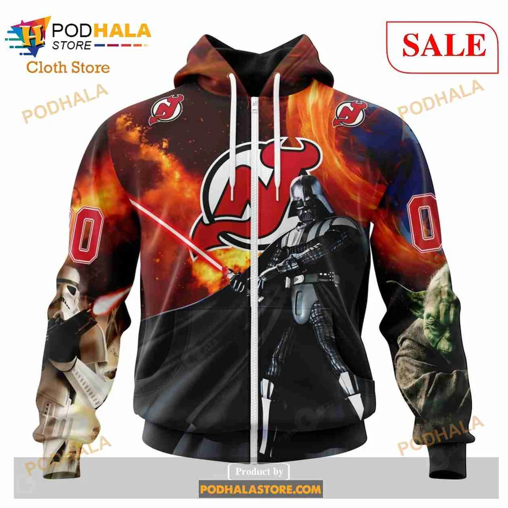 Bold New Jersey Devils Star Wars Hoodie Featuring Darth Vader Design - View 1 Bold New Jersey Devils Star Wars Hoodie Featuring Darth Vader Design - View 1