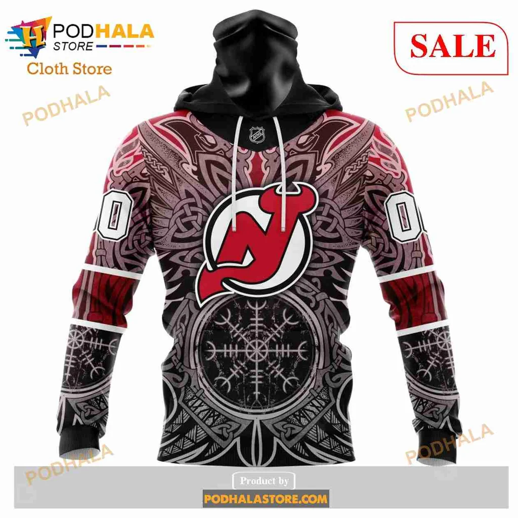 Bold New Jersey Devils Viking Hoodie Featuring Norse Symbols Design - View 2 Bold New Jersey Devils Viking Hoodie Featuring Norse Symbols Design - View 2