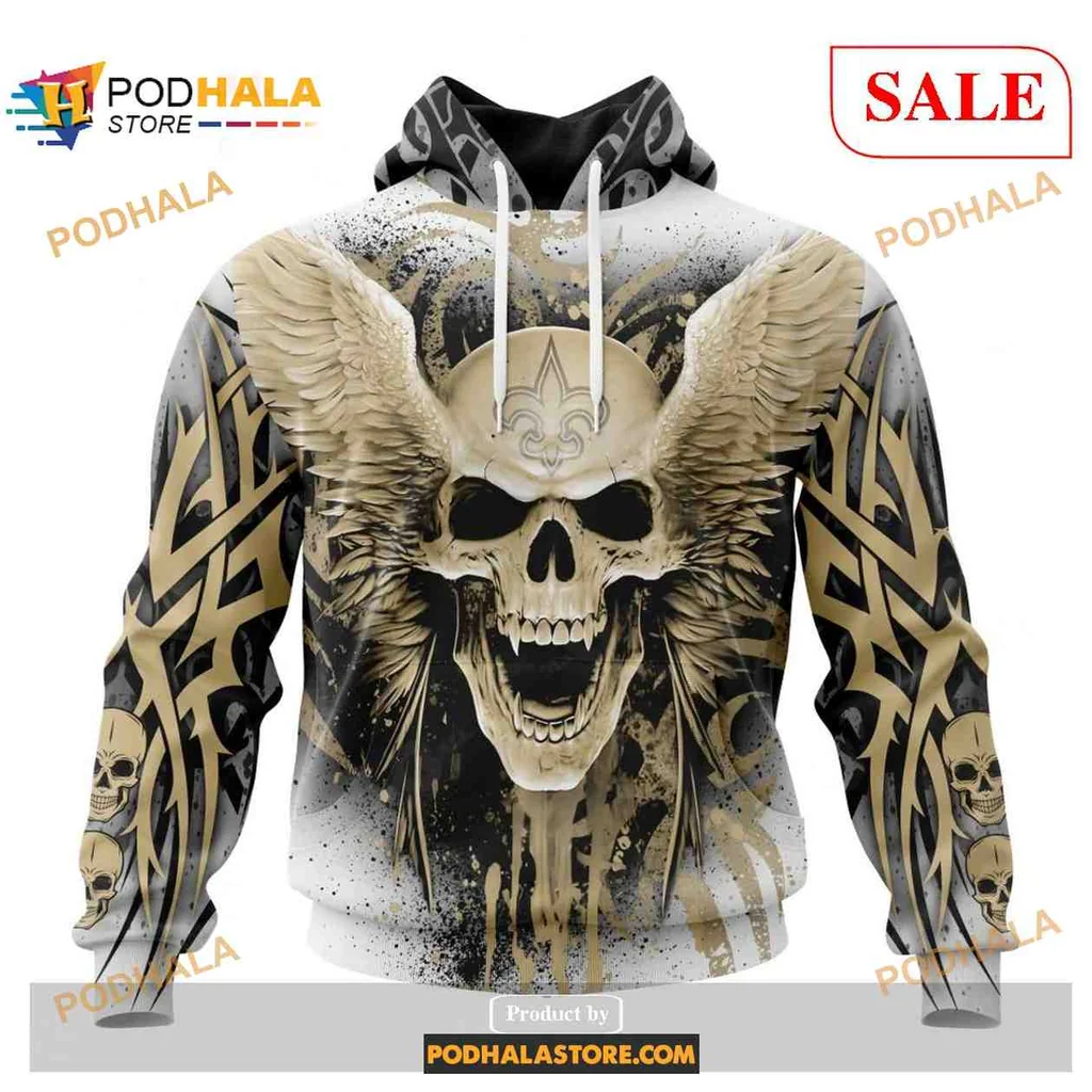 Bold New Orleans Saints Skull 3d Hoodie With Wings And Tribal Patterns