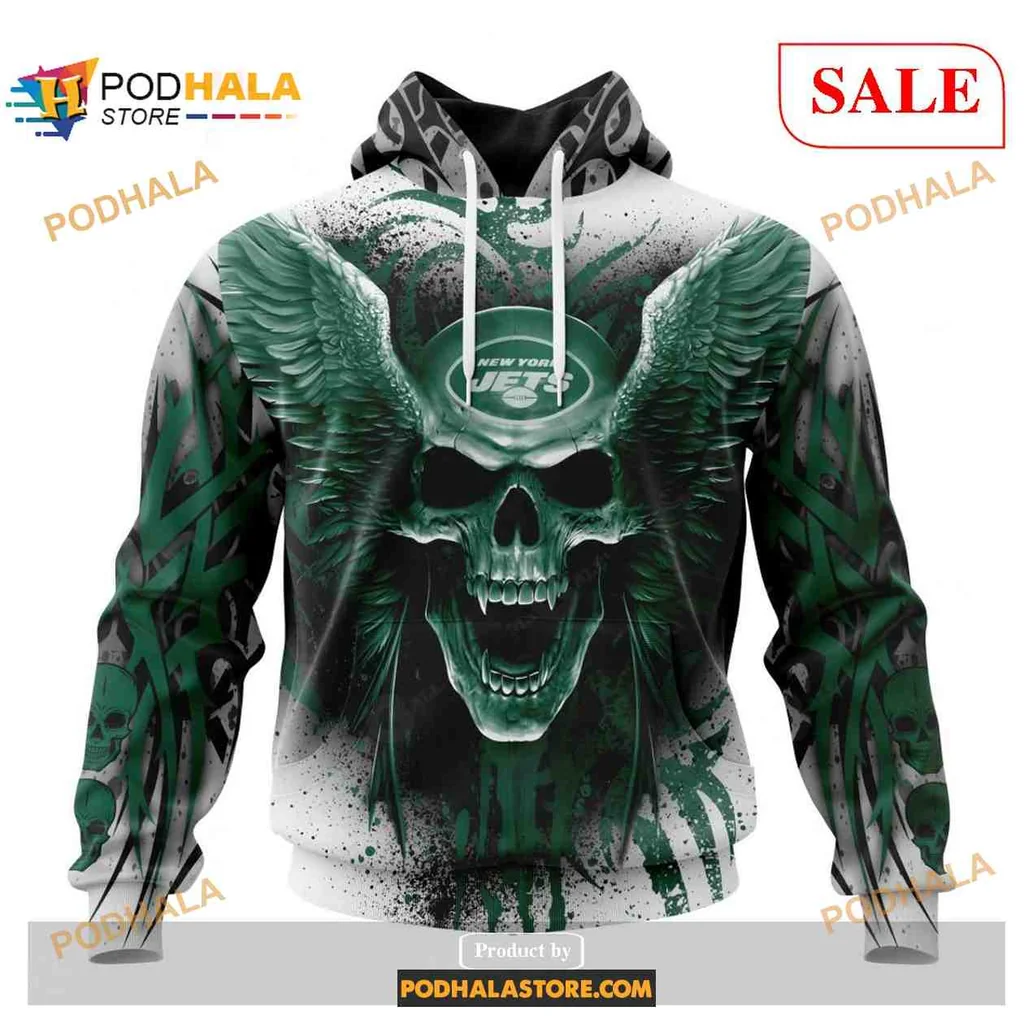 Bold New York Jets Skull 3d Hoodie With Wings Design