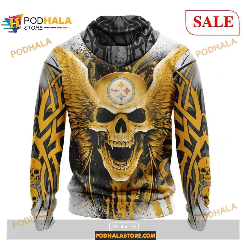 Bold Pittsburgh Steelers Skull Wings All Over Print Hoodie With Edgy Design Bold Pittsburgh Steelers Skull Wings All Over Print Hoodie With Edgy Design