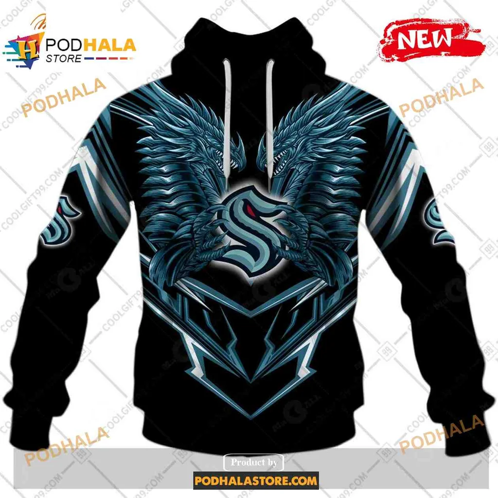 Bold Seattle Kraken Dragon 3d Hoodie With Striking Blue And Silver Design