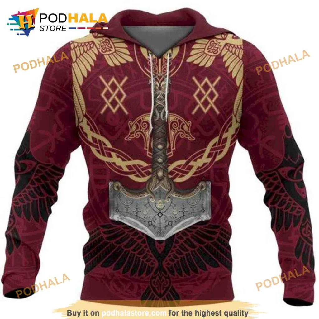 Bold Viking Mjolnir 3d Hoodie Featuring Intricate Norse Design
