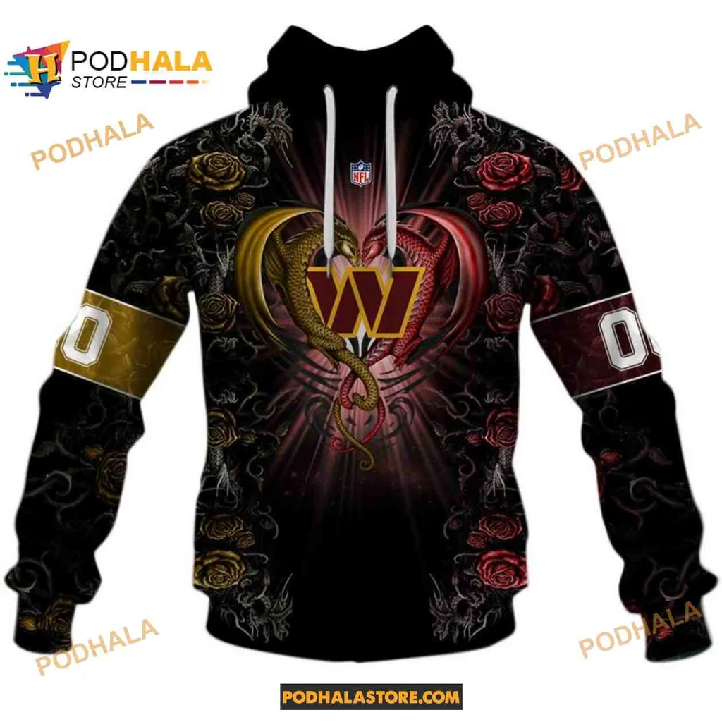 Bold Washington Commanders Dragon Heart Hoodie With Floral Design