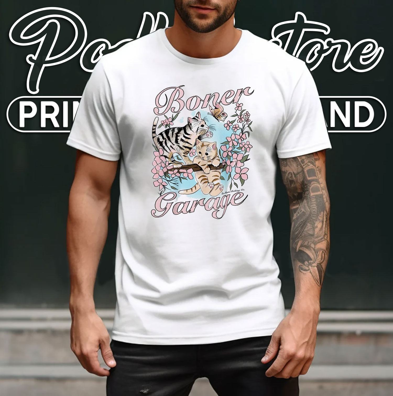 Boner Garage Cat Shirt Absurd Humor Graphic Tee With Funny Cat Art