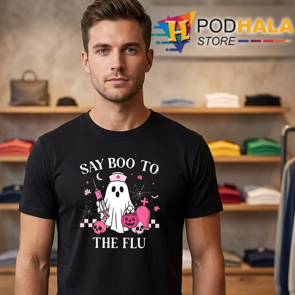 Boo To Flu Nurse Vaccine Ghost T-Shirt Funny Halloween Apparel Graphic